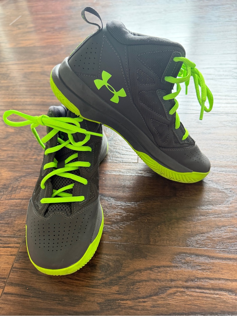 Under Armour Kids Gray and Neon Green High-Top Sneakers